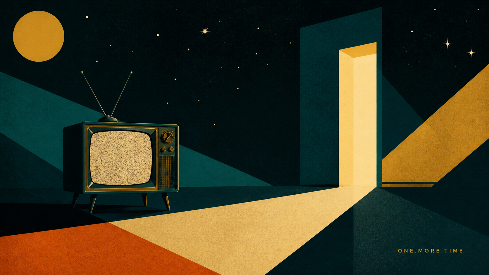 Mid-century illustration of a vintage television facing a luminous doorway beneath a starry sky