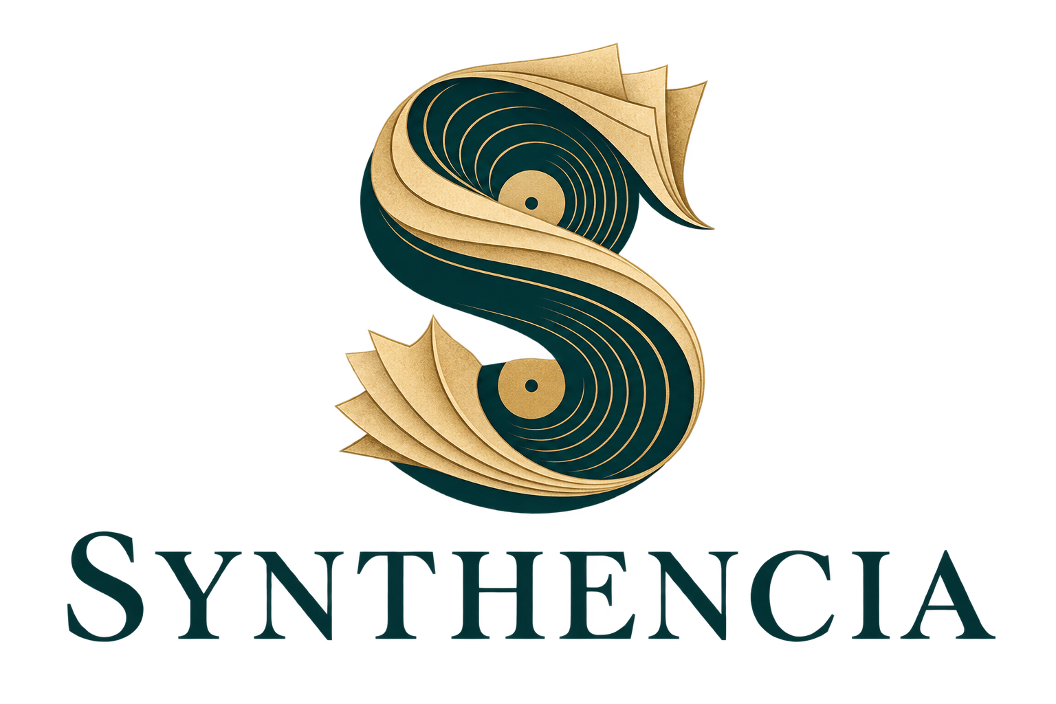 Synthencia logo: an S formed from archival pages and record grooves